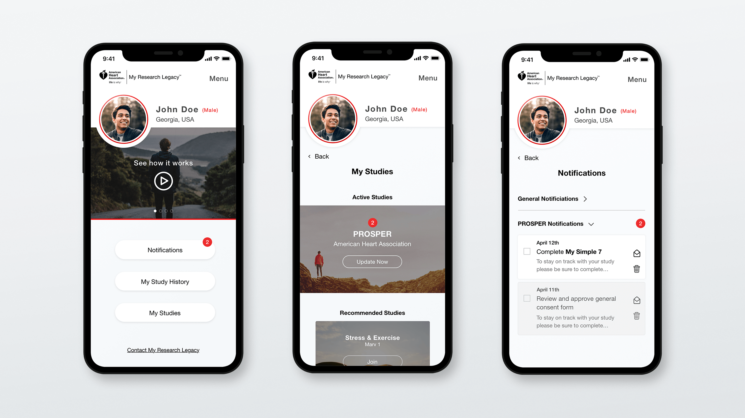 Three mobile screen mockups of ui/ux for health program dashboard