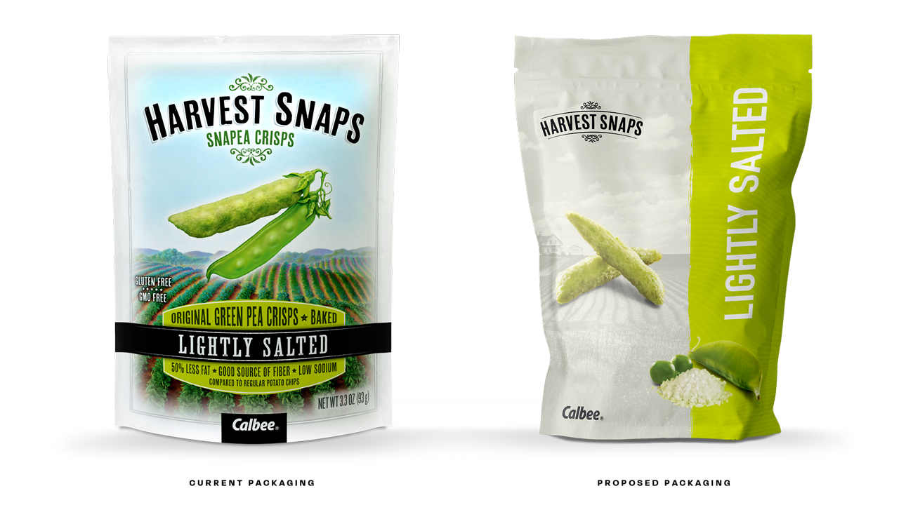 Current and proposed packaging design for snacks