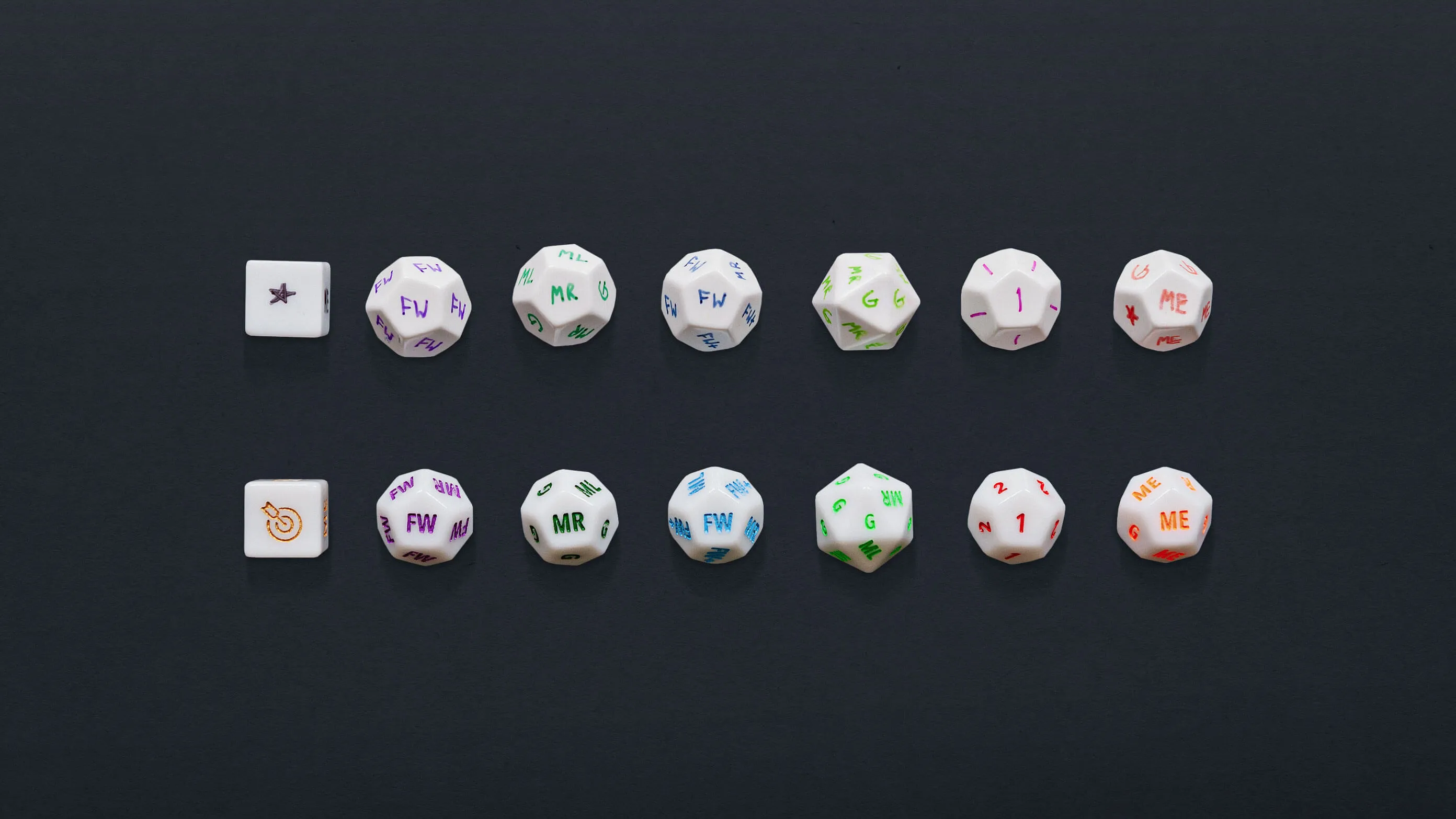 The full set of seven custom dice