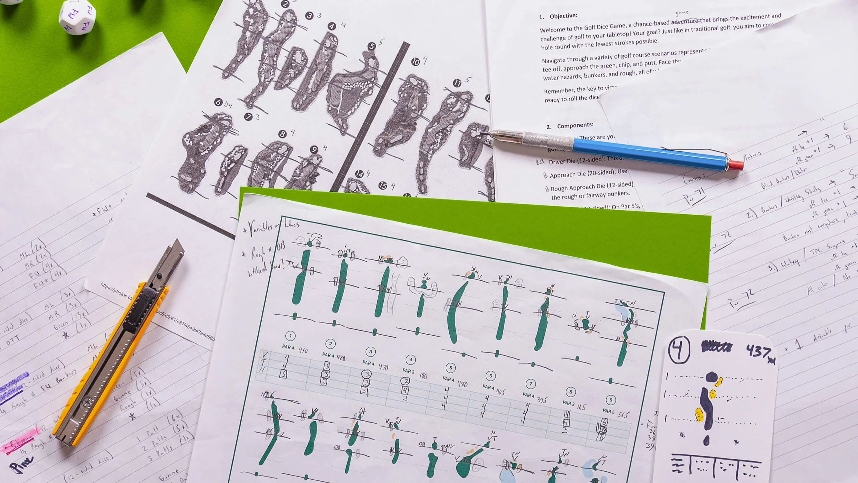Hand-drawn prototype scorecards and rules